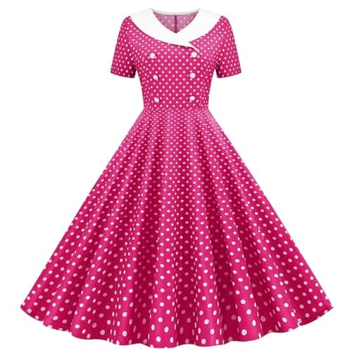 Image of Women's 1950s Vintage Rockabilly Dress A Line Swing Cocktail Party Dress Polka Dot Print V Neck Dresses Pleated Floaty Tea Dresses Audrey Hepburn 50s 60s Dance Gown Hot Pink