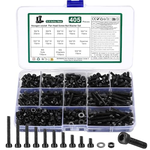 Image of M4 Nuts and Bolts Set, 405 Pcs Hexagon Socket Head Cap, Hex Socket Cap Head Screws, Black Machine Screw Bolts and Nuts and Flat Washers Assortment Kit, for DIY Bicycle Motorcycle Repair