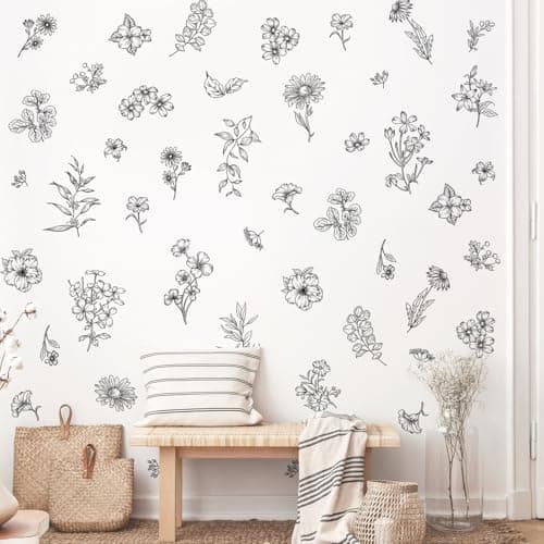 Image of Supzone 67 Pcs Flowers Wall Stickers Black Wildflower Wall Decals Modern Floral Wall Art Decor Bedroom Living Room Home Office Adult Wall Decor