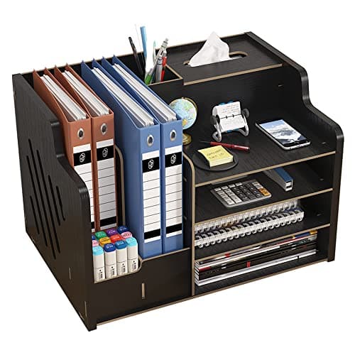 Image of Hggzeg Updated Wooden Desk Organiser, Large Capacity Desk Tidy Storage Holder Sorter DIY Office Supplies Storage Box for A4 Papers, Books, Document and Notebook (JB07 Black)