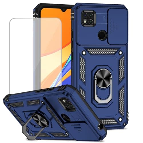 Image of Bioyuangig Case for Xiaomi Redmi 9C/Redmi 10A/Redmi9C NFC/9 Activ Cases with Tempered Glass Screen Protector & Slide Camera Cover, Magnetic Ring Stand Shockproof Cover for Xiaomi Redmi 10A Blue