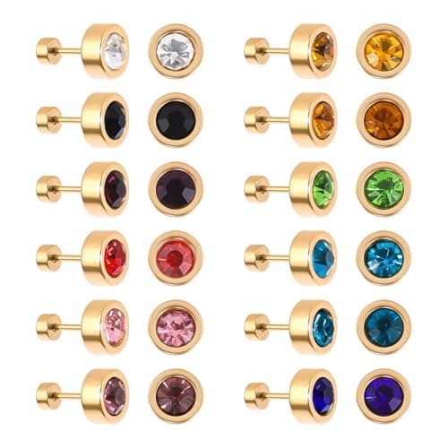 Image of JMFENFA 12 Pairs Stainless Steel Flat Back Stud Earrings Gold Plated Surgical Steel Screw Back Round Star Heart Flower Birthstone Cubic Zirconia Stud Earrings Set (Gold round 6mm)