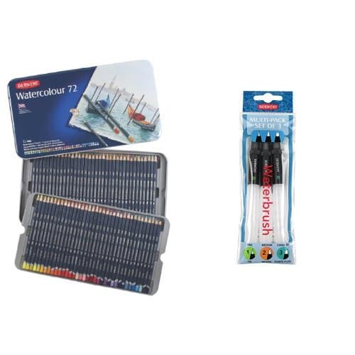 Image of Derwent Watercolour Pencils Tin (Set of 72) with Derwent Waterbrush Multi-Pack (Pack of 3)