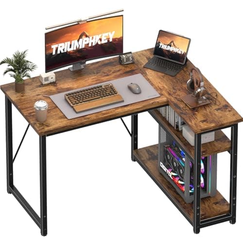 Image of TRIUMPHKEY 100 * 80cm L Shaped Computer Desk with Reversible Large Storage Shelves, Corner Desk Computer Workstation Matching Under Desk Height Adjustable Storage, Home Office Work Table Brown