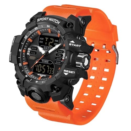 Image of findtime Mens Sports Watch Military Watches for Men Waterproof Watch Mens Digital Watches Rugged Watch with LED Backlight Alarm Stopwatch, Black Orange