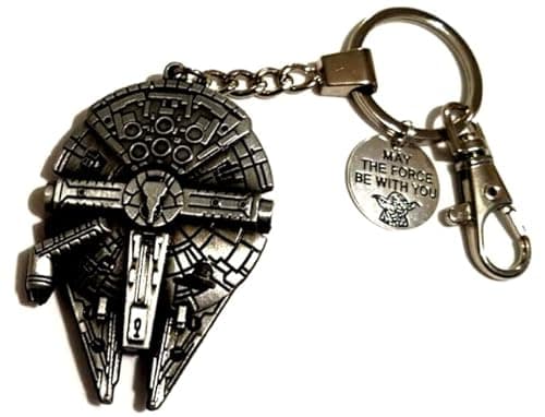 Image of Large Silver Tone Steel Millenium Falcon 'May The Force Be With You' Keychain, Cosplay Bag Charm Millennium Falcon Keychain