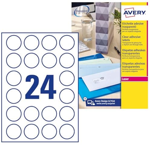 Image of Avery 40 mm Diameter Crystal Clear Labels 24 per a4 Blank Transparent Sheet -L7780-25