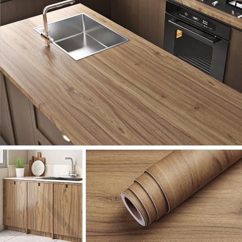 Image of Livelynine Wood Vinyl Wrap for Kitchen Worktop Waterproof Worktop Vinyl Covering Brown Wood Effect Sticky Back Plastic for Furniture Cupboards Table Top Self Adhesive Wallpaper Wood Effect 40CMx2M