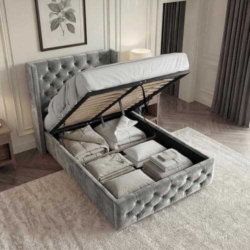 Image of Blisswood Ottoman Bed Frame, 3ft Single Bed Frames, Upholstered Ottoman Bed Frame, Wooden Slats Stylish And Space Saving, Velvet Fabric Storage Bed (3ft Dark Grey, No Mattress)