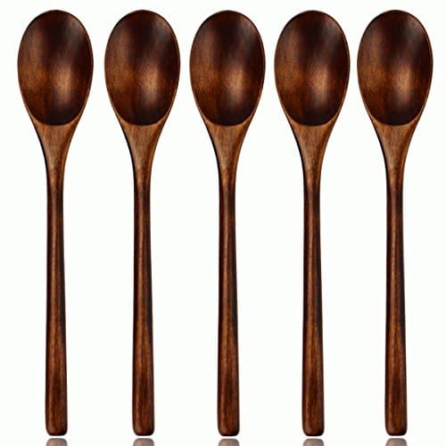 Image of AOOSY Wooden Spoon, 5 Piece Janpanese Style Kitchen Utensil Long Handle Nanmu Wood Soup Spoons Set for Eating Mixing Stirring Cooking with Box
