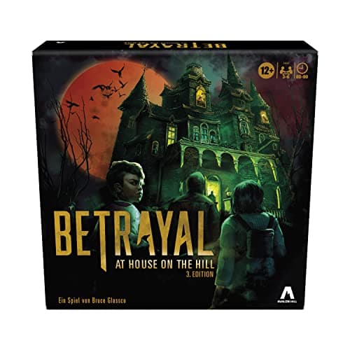 Image of Hasbro Betrayal at House on The Hill third edition, cooperative board game aged 12 and over, 3-6 players, 50 multi-color, one-size ghost scenarios (German)