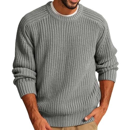 Image of Mens Knitted Sweater | Long Sleeve Knitted Pullover | Crew Neck Knit Jumper | Chunky Fisherman Jumper | Thick Solid Color Knitwear | Work Sweater Tops | Autumn Winter Casual Thermal Jumper Grey