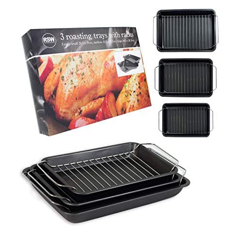 Image of Set of 3 Roasting Baking Tin Trays & Racks Cooking Oven Dish Bakeware Non Stick