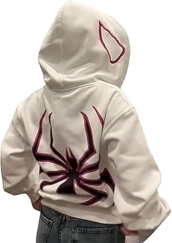 Image of Lang Horn Y2K Spider Graphic Oversized Hoodie, Unisex Streetwear Sweatshirt, Grunge Style (UK, Alpha, M, Regular, Regular, Cream)