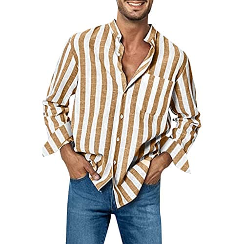 Image of Men's Shirts Long Sleeve Striped Casual Shirt Linen Shirts Button Down Shirt Regular Fit Blue and White Striped Tops, Long Lasting Comfort Top for Men Light Work Shirts Beach Shirt M-3Xl
