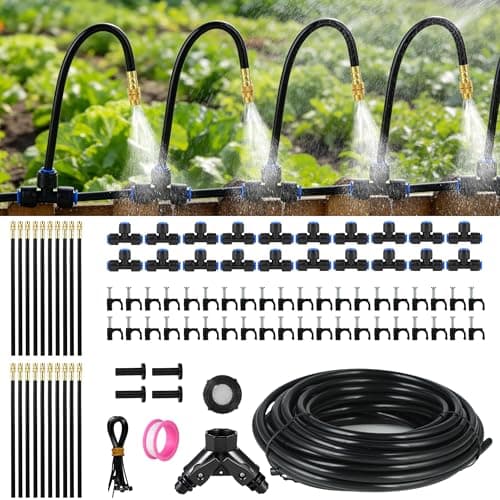 Image of Drip Irrigation System for Garden Watering: 130FT (38M) 20 Misting Nozzles, Automatic Watering Kit with 1/4" PE Tubing Hose, Adjustable Sprinkler Mister, Plants Raised Bed Lawn Outdoor Yard Greenhouse