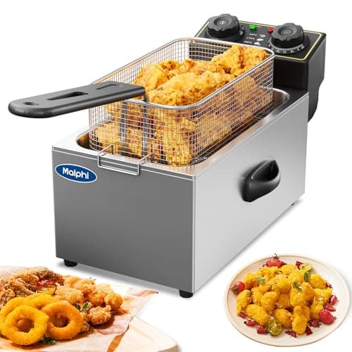 Image of 3 Litre Malphi Deep Fat Fryer Adjustable Temperature, Chip Pans - Basket & Lid - Fast 2000w High Power, Electric Oil Pot - Overheat Protection & Timer (4L Container capacity)