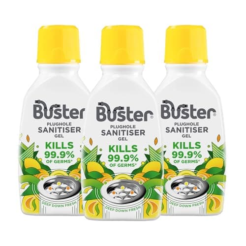 Image of Buster Plughole Sanitiser Gel (Citrus - Pack of 3 x 300ml) Fast-Acting Sink and Drain Cleaner for Bad Smells and Stains, Kills 99.9% Germs on Drains & Stainless Steel Sinks, Fresh Scent - Made in UK