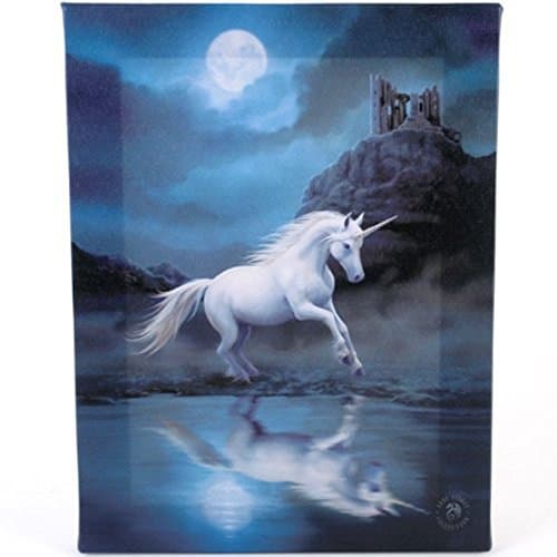 Image of Small Moonlight Unicorn Canvas Picture by Anne Stokes, White/blue