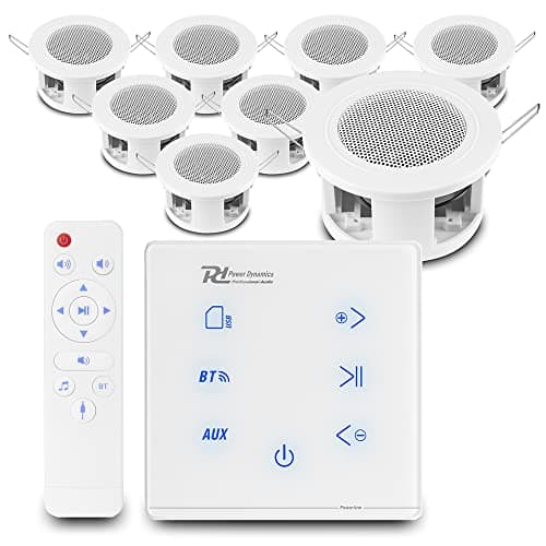 Image of Power Dynamics Bluetooth Ceiling Speaker System A100W In-Wall Amplifier with 8x CSBA3L Small Ceiling Mount Speakers Home Audio Sound System for Kitchens, Bedrooms and Living Areas White