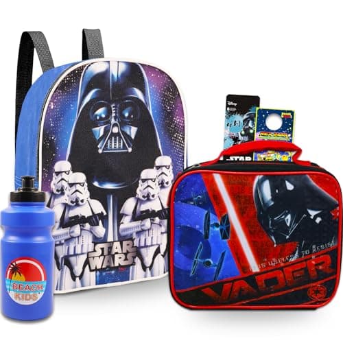 Image of Star Wars Mini Backpack and Lunch Box Set for Kids - Bundle with 11” Darth Vader School Bag, Lunch Bag, Water Bottle, Stickers, More | Darth Vader Backpack and Lunch Box Set