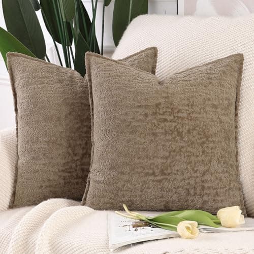 Image of Madizz Pack of 2 Chenille Velvet Cushion Covers 50x50 cm Taupe Soft Neutral Decorative Throw Pillow Covers Accent Boho Pillowcases for Couch Sofa Modern Farmhouse Home Decor