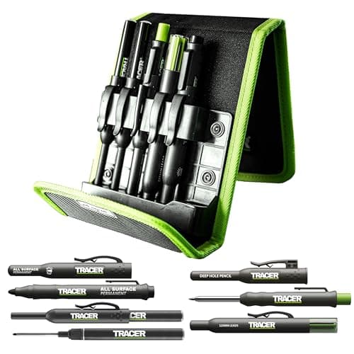 Image of Tracer Pencil 5 Piece Construction Marker Kit with Storage Case - Carpenters Pencil, 2 x Long Nib Markers, Clog-free Marker and Replacement Leads Dispenser