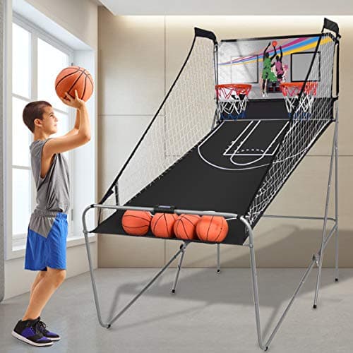 Image of GYMAX Foldable Basketball Arcade Game with 8 Game Modes, Voice Prompt, Double Hoops and Scorer, Indoor Outdoor Basketball Hoop for Kids and Adults (Silver+Black)