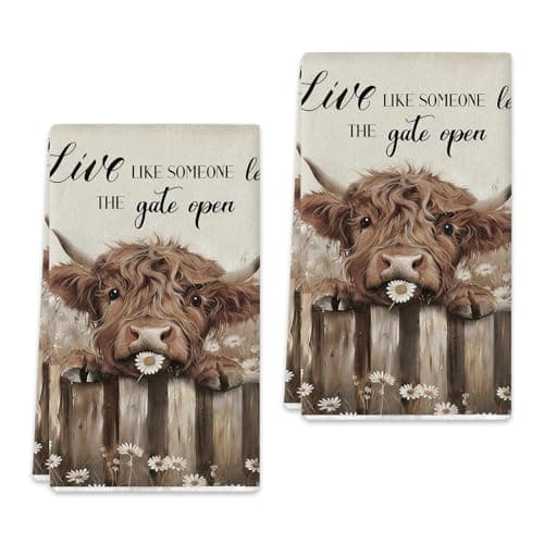 Image of Laicaii 2 Pcs Highland Cow Towels, Decorative Microfiber Tea Towels Set with Fast Drying Texture, Practical Kitchen Towel for Daily Cleaning, Kitchen, Counters and Home Interiors, Highland Cow Gifts