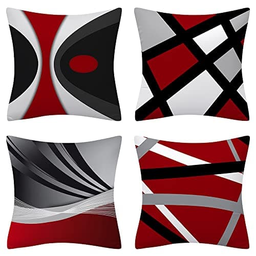 Image of Wajade Black and Red Cushion Covers 18 x 18 inches Modern Abstract Throw Pillow Cases Set of 4 Plush Home Decorative for Bedroom Sofa Chair