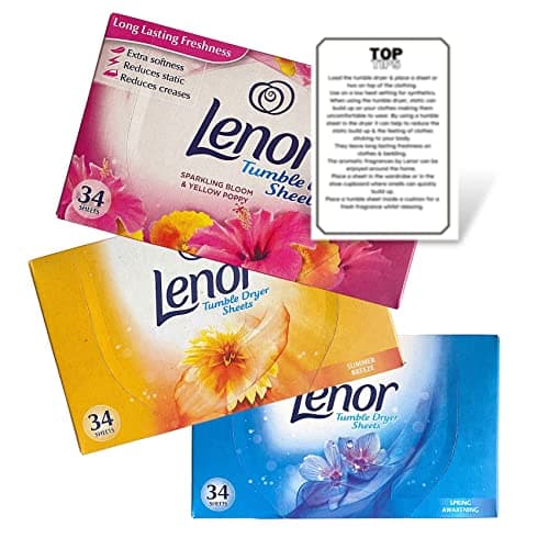 Image of Tumble Dryer Sheets Lenor Spring Awakening, Summer Breeze, Sparkling Bloom Poppy & Top Tips Guide (Pack of 3 plus Guide), 34 Count (Pack of 3)