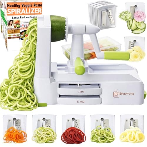 Image of Brieftons 7-Blade Vegetable Spiralizer: Zucchini Spiral Slicer & Veggie Noodle Maker, Japanese Steel Blades, Catch Container, Strong Suction Cup, Blade Caddy, 4 eBooks | Low Carb, Vegan, Gluten-Free