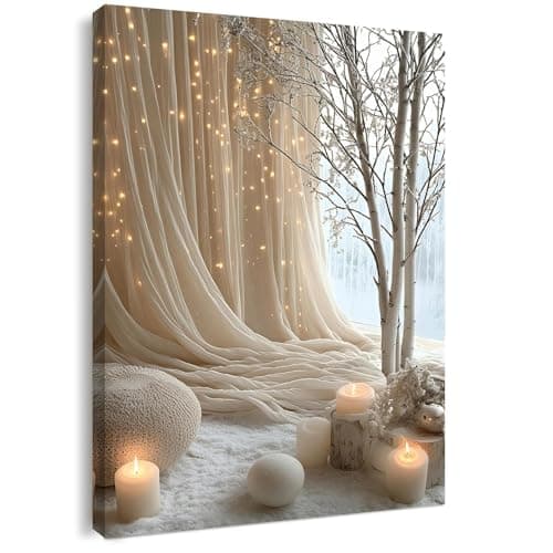 Image of Qiukoo Canvas Wall Art Framed – Cozy Neutral Candle Lights Artwork, Soft Winter Hygge Style Wall Decor for Bedroom, Living Room, Hallway or Entryway Home Decoration, with Hooks and Nails, 12x16 Inch