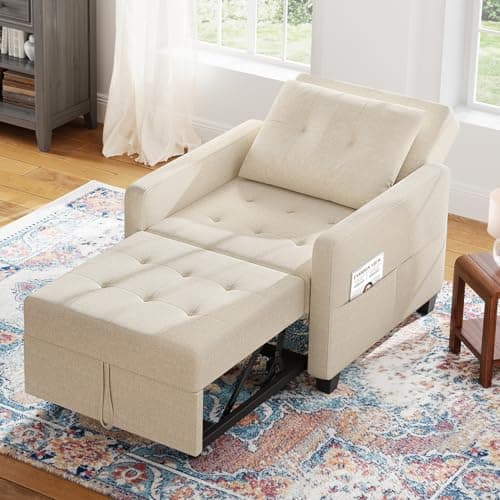 Image of Vesgantti 3 in 1 Sofa Bed Beige, Convertible Sleeper Chair with Adjustable Backrest, Fabric Single Sofa Bed Chair with Side Pockets, Foldable Pull Out Bed for Living Room