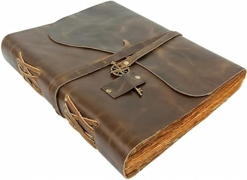Image of WANDERINGS Large Vintage Leather Journal - Antique Handmade Leather Bound Journal with Old Fashioned Deckle Edge Paper - Perfect for Writing a Grimoire Sketching as a Diary - 21x30 cm