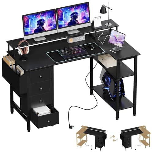 Image of Yaheetech Corner Gaming Desk with Drawers, 120x70cm L Shaped Computer Desk with Power Outlets, Office Desk with Raised Monitor Stand, Reversible Storage Shelves for Home Office, Black