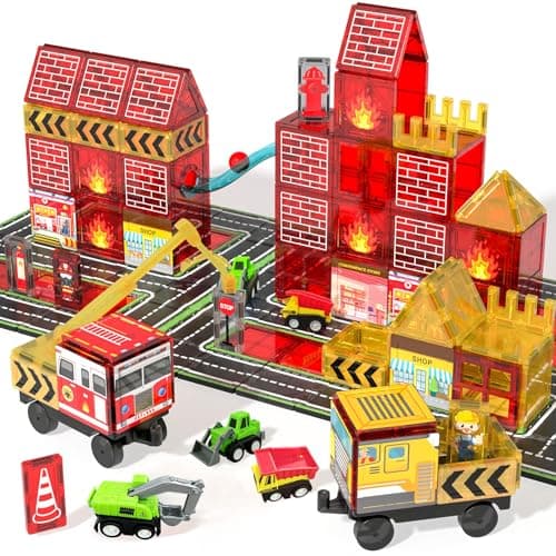 Image of Magnetic Tiles for Kid, 56PCS Construction Magnet Tiles with Fire Truck & Station, Building, Road, Crane, and Car Toys - Educational Travel Magnetic Tiles for Kids Ages 4-8, STEM Toys for 3+ Year Old
