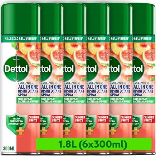 Image of Dettol, Antibacterial All In One Disinfectant Spray, Summer Fruits, 1.8L (300ml x 6pck) Household Sanitiser, Hard Surfaces, Upholstery, No Wiping Required, Kills 99.9 Percent of Germs
