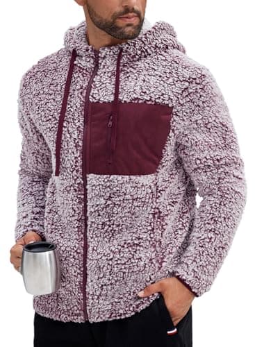 Image of VOGSTART Mens Fuzzy Sherpa Hoodie Coat Fuzzy Plush Fleece Zip-Up Outerwear Hooded Jacket Lightweight Soft Warm Texture with Pocket Stylish Cold Season Casual Top Red L