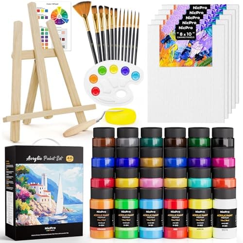 Image of Nicpro Acrylic Paint Canvas Set for Adults, 46PCS Art Painting Supplies Kit with 24 Acrylic Paints(36ML), Table Wood Easel, 5 Canvas Panels, 12 Brushes, Paper Pad, Palette for Artist Beginner Students