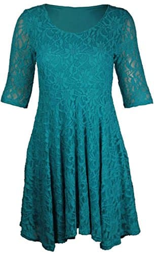 Image of New Womens Floral Lace Lined Three Quarter 3/4 Sleeve Scoop Neck Ladies Skater Style Mini Party Dress Plus Size Jade Green Size 16