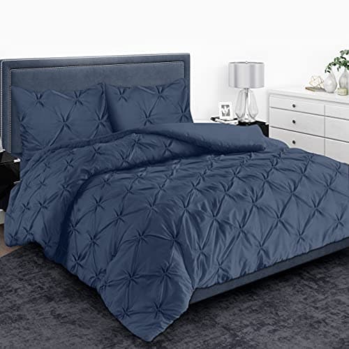 Image of MH Home Pintuck King Size Duvet Cover Set - 200 Thread Count 100% Egyptian Cotton Pinch Pleated Quilt Bedding Covers Set (Navy Blue, King)