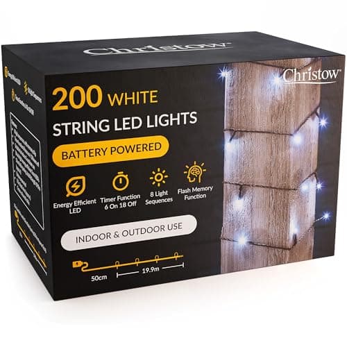 Image of CHRISTOW Christmas Fairy Lights Battery Operated, White LED String Lighting with Timer, Indoor & Outdoor, 8 Light Modes Flashing & Static, Green Cable (200 LED / 20m Lit Length)