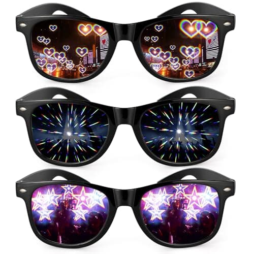 Image of Hifot 3 Pcs Diffraction Glasses - 3D Prism Rainbow Heart Star Effect with Black Frames, Light Refraction Glasses, Rave Sunglasses Women Men for Night Edm Concert Festival Party Club Rave Accessories