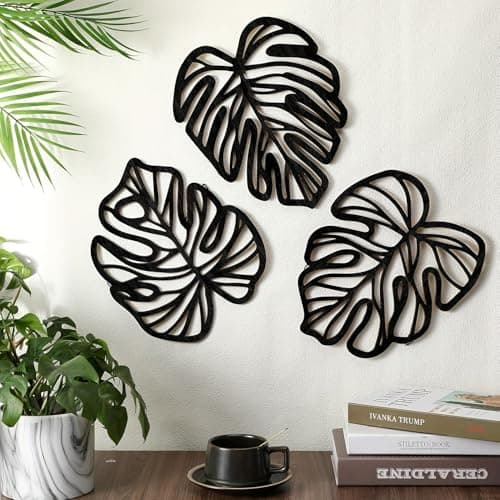 Image of Palm Leaves Wood Wall Decor, 3Pcs Tropical Wall Art Jungle Decor, Wooden Natural Leaves Plant Wall Decor, Vintage Tropical Plant Plaque for Home Living Room Kitchen Bedroom Bathroom & Garden, Black