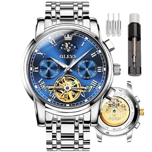 Image of OLEVS Mens Automatic Watches Skeleton Mechanical Self Winding Luxury Dress Wrist Watch Moon Phase Day Date Waterproof Luminous Two Tone Watches Gifts