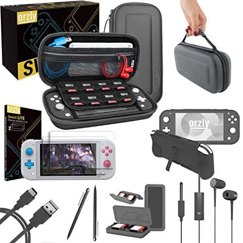Image of Orzly Switch Lite Accessories Bundle - Case & Screen Protector for Nintendo Switch Lite Console, USB Cable, Games Holder, Comfort Grip Case, Headphones, Thumb-Grip Pack & More - Grey