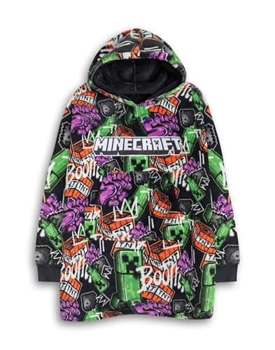 Image of Minecraft Creeper Boys Multicoloured Blanket Hoodie | Cosy Fleece for Lounging & Wearing | Long Sleeve Hooded Design | Gaming Themed Loungewear | Kids Merchandise Merch