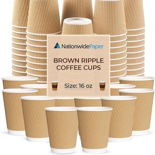 Image of Nationwide Paper 16oz (475ml) Insulated Takeaway Cups Brown Triple Wall Ripple Disposable Paper Cups for Hot Drinks, Large Coffee, Latte, Cappuccino & Tea, Catering Use (Pack of 50)