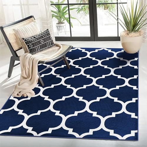 Image of MOONLIGHT20015 Rugs Living Room Small 60x110 cm – Trellis Style Navy Blue Area Rugs for Bedroom - Non Slip Modern Printed Carpet Bedside Rug, Ava Navy
